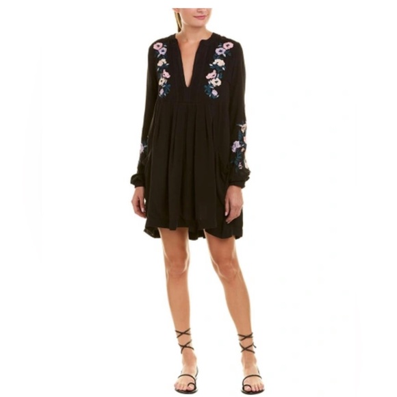 FREE PEOPLE GAUZE EMBROIDERED LONG SLEEVE MINI DRESS BLACK - Picture 1 of 7